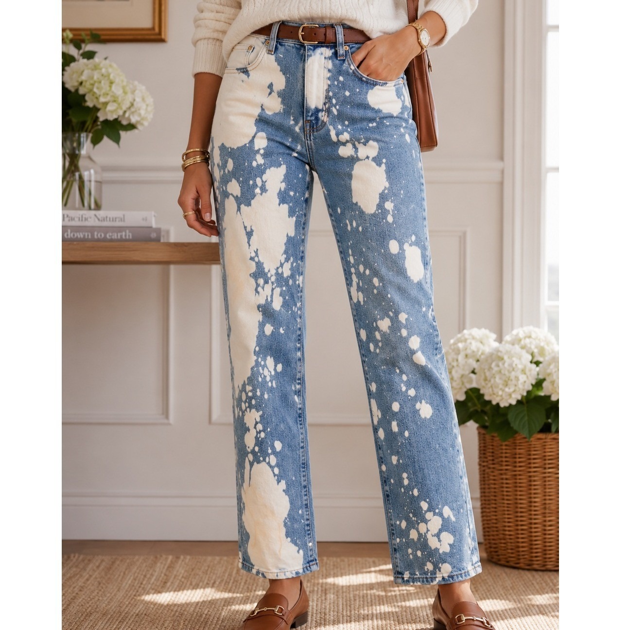 Frame Le Sylvie Slender Straight Jeans Bering Splash Bleach Splatter Blue 27
